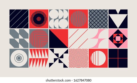 Mid-century geometric abstract pattern with simple shapes and beautiful color palette. Simple geometric pattern composition, best use in web design, business card, invitation, poster, textile print.