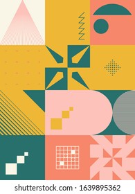 Mid-century geometric abstract pattern with simple shapes and beautiful color palette. Simple geometric pattern composition, best use in web design, business card, invitation, poster, textile print.