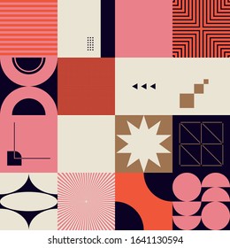 Mid-century geometric abstract pattern with simple shapes and beautiful color palette. Simple geometric pattern composition, best use in web design, business card, invitation, poster, textile print.