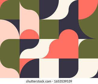 Patrón abstracto geométrico de mediados de siglo con formas simples y una bonita paleta de colores. Composición de patrones geométricos simples, mejor uso en diseño web, tarjeta de visita, invitación, afiche, impresión textil.