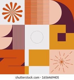 Mid-century geometric abstract pattern with simple shapes and beautiful color palette. Simple geometric pattern composition, best use in web design, business card, invitation, poster, textile print.