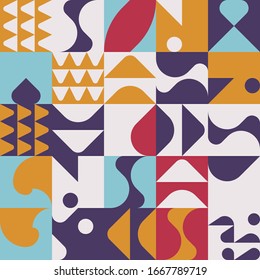 Mid-century geometric abstract pattern with simple shapes and beautiful color palette. Simple geometric pattern composition, best use in web design, business card, invitation, poster, textile print.