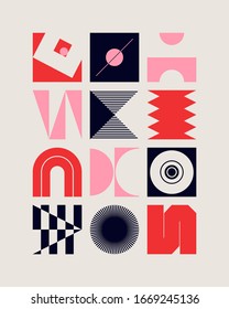 Mid-century geometric abstract pattern with simple shapes and beautiful color palette. Simple geometric pattern composition, best use in web design, business card, invitation, poster, textile print.