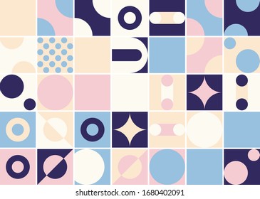 Mid-century geometric abstract pattern with simple shapes and beautiful color palette. Simple geometric pattern composition, best use in web design, business card, invitation, poster, textile print.