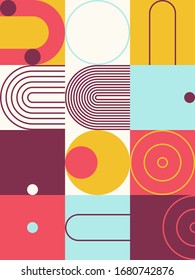 Mid-century geometric abstract pattern with simple shapes and beautiful color palette. Simple geometric pattern composition, best use in web design, business card, invitation, poster, textile print.