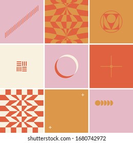 Mid-century geometric abstract pattern with simple shapes and beautiful color palette. Simple geometric pattern composition, best use in web design, business card, invitation, poster, textile print.