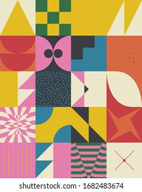 Mid-century geometric abstract pattern with simple shapes and beautiful color palette. Simple geometric pattern composition, best use in web design, business card, invitation, poster, textile print.