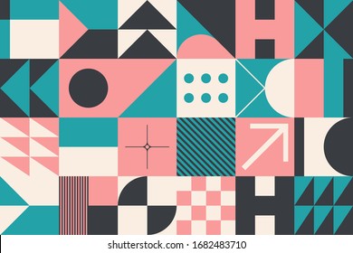 Mid-century geometric abstract pattern with simple shapes and beautiful color palette. Simple geometric pattern composition, best use in web design, business card, invitation, poster, textile print.