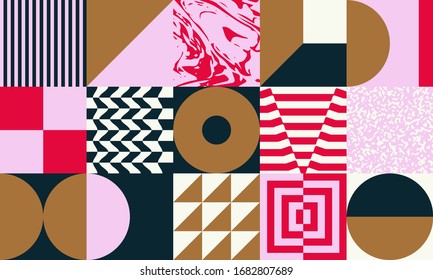 Mid-century geometric abstract pattern with simple shapes and beautiful color palette. Simple geometric pattern composition, best use in web design, business card, invitation, poster, textile print.