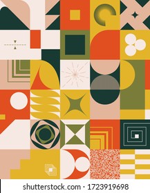 Mid-century geometric abstract pattern with simple shapes and beautiful color palette. Simple geometric pattern composition, best use in web design, business card, invitation, poster, textile print.