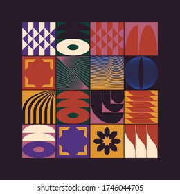 Mid-century geometric abstract pattern with simple shapes and beautiful color palette. Simple geometric pattern composition, best use in web design, business card, invitation, poster, textile print.