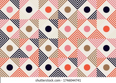 Mid-century geometric abstract pattern with simple shapes and beautiful color palette. Simple geometric pattern composition, best use in web design, business card, invitation, poster, textile print.