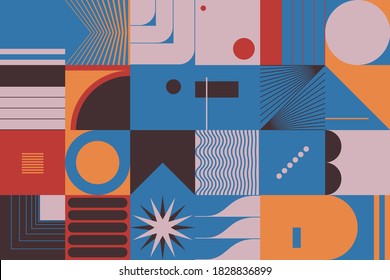 Mid-century geometric abstract pattern with simple shapes and beautiful color palette. Simple geometric pattern composition, best use in web design, business card, invitation, poster, textile print.