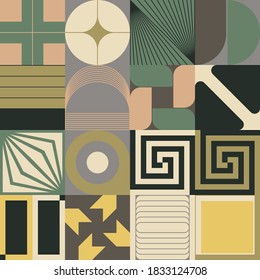 Patrón abstracto geométrico de mediados de siglo con formas simples y bonita paleta de colores. Composición de patrones geométricos simples, mejor uso en diseño web, tarjeta de visita, invitación, afiche, impresión textil.