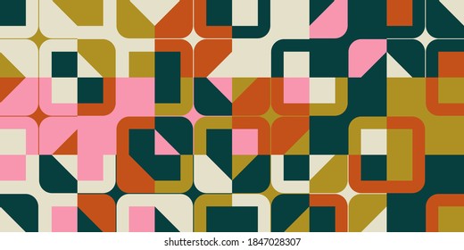 Mid-century geometric abstract pattern with simple shapes and beautiful color palette. Simple geometric pattern composition, best use in web design, business card, invitation, poster, textile print.