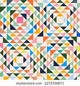Mid-century geometric abstract pattern with simple shapes and colorful palette for web design, business card, invitation, poster, textile print.