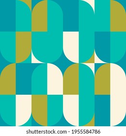 Mid-century geometric abstract vector seamless pattern with simple shapes and retro color palette. Simple composition for web design, branding, invitations, posters, textile and wallpaper.