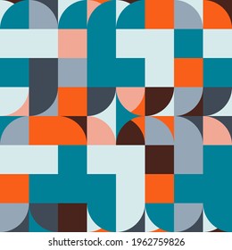 Mid-century geometric abstract vector seamless pattern with simple shapes and retro color palette. Simple composition for web design, branding, invitations, posters, textile and wallpaper.