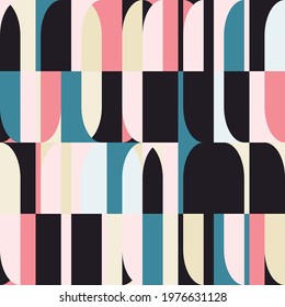 Mid-century geometric abstract vector seamless pattern with simple shapes and retro color palette. Simple composition for web design, branding, invitations, posters, textile and wallpaper.