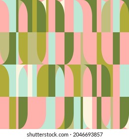 Mid-century geometric abstract vector seamless pattern with simple shapes and retro color palette. Simple composition for web design, branding, invitations, posters, textile and wallpaper.
