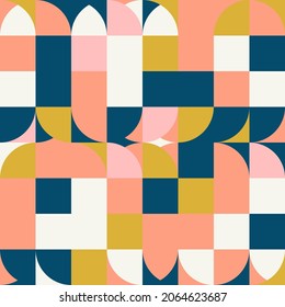 Mid-century geometric abstract vector seamless pattern with simple shapes and retro color palette. Simple composition for web design, branding, invitations, posters, textile and wallpaper.