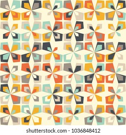 Midcentury geometric retro background. Vintage brown, orange and teal colors. Seamless floral mod pattern, vector illustration. Abstract retro geometric midcentury 60s 70s background.