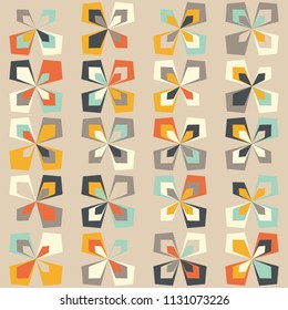 Midcentury geometric retro background. Vintage brown, orange and teal colors. Seamless floral mod pattern, vector illustration. Abstract retro geometric midcentury 60s 70s background. Retro wallpaper.