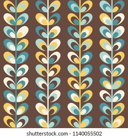 Midcentury geometric retro background. Vintage brown, mustard yellow and teal colors. Seamless floral mod pattern, vector illustration. Abstract retro midcentury 60s 70s background. Vintage wallpapers