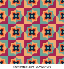 Mid-century geometrical pattern design with seamless edge and retro color palette. Vintage artwork with simple shapes composition. Ornamental decoration texture vector eps 10