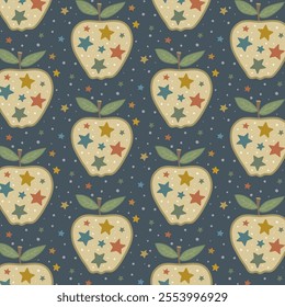 Midcentury holiday pattern with beige apples and colorful stars on muted blue-gray background dot texture. Rustic Christmas seamless print for decoration and gift wrap.