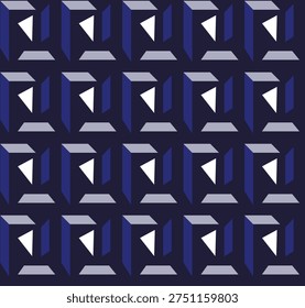 Mid-century inspired geometric seamless pattern featuring abstract cube and triangle shapes in deep navy, cobalt blue, and light grey tones. Modern retro repeating design ideal for textiles, wallpaper, fabric prints, surface design, packaging, backgrounds, and home decor.