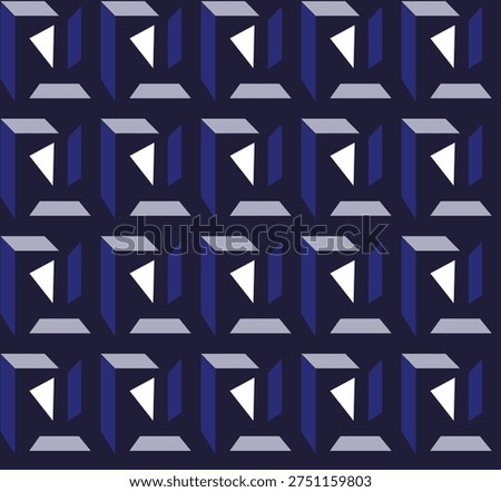 Mid-century inspired geometric seamless pattern featuring abstract cube and triangle shapes in deep navy, cobalt blue, and light grey tones. Modern retro repeating design ideal for textiles, wallpaper, fabric prints, surface design, packaging, backgrounds, and home decor.