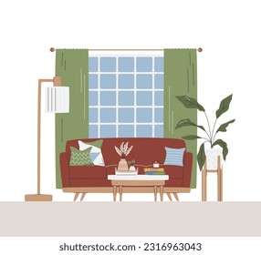 Mid-century living room interior concept design with houseplants. Comfy house scene details. Coffee table with plants decor and books. Cozy home related hand drawn flat vector illustration isolated
