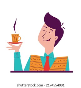 Mid-century man holding a cup of tea or coffee and cheering up
Cartoon 60s style - retro vector illustration. Cafe, coffee shop, restaurant concept