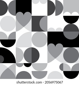 Mid-century modern 60's and 70's style vector seamles pattern - retro minimalist geometric textile or fabric print with hearts in black and white. Vintage monochrome style repetitive background