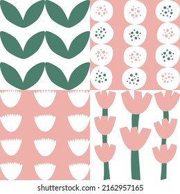 Mid-century modern 60s and 70s style vector seamless pattern - retro minimalist geometric textile or fabric print with flowers. Vintage style square repetitive background, simple abstract wallpaper or