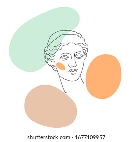 Mid-Century Modern Art continuous line art of ancient greek goddess statue with geometric shapes. Hand drawn illustration Vector