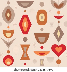 Mid-century modern art vector background. Abstract geometric seamless pattern. Decorative ornament in retro vintage design style. Atomic stylized backdrop. 
