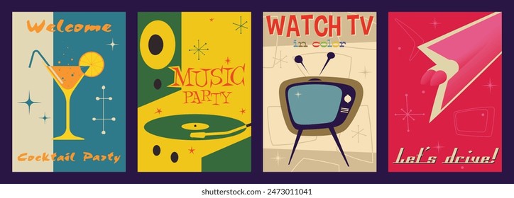 Mid-Century Modern Atomic Age Style Illustrations. Retro Party Posters, Templates for Invitations, Covers, Placards. TV, Vinyl Record, Tailfin Backlights, Cocktail Glass, 1950s - 1960s Colors, Shapes 