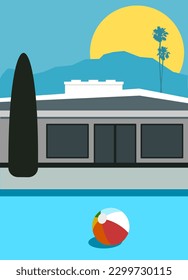 Mid-century modern backyard with pool and beach ball