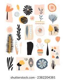 Midcentury modern botanical motif collection. Organic boho scandi vector graphics in matisse style illustration set. Group of whimsical floral 70s decorative shapes.