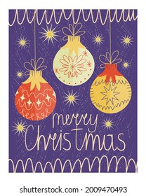 Mid-Century Modern in a Christmas card. Hand-lettered merry Christmas with balloons and snowflakes and an antique texture. Vector illustration for happy new year greetings.