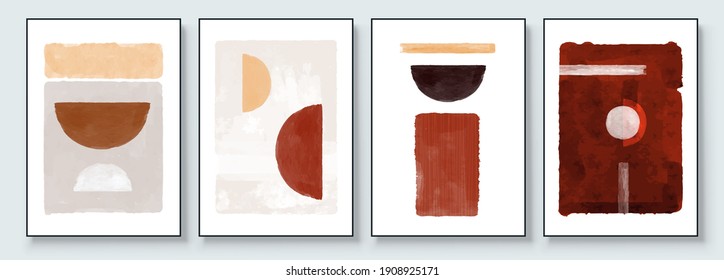 Mid-Century Modern Design. Aesthetic watercolor. A trendy set of Abstract Orange Hand Painted Illustrations for Postcard, Social Media Banner, Brochure Cover Design or Wall Decoration Background.