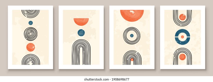 Mid-Century Modern Design. A trendy set of Abstract Hand Painted Illustrations for Postcard, Social Media Banner, Brochure Cover Design or Wall Decoration Background. Vector illustration.