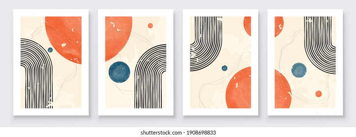 Mid-Century Modern Design. A trendy set of Abstract Hand Painted Illustrations for Postcard, Social Media Banner, Brochure Cover Design or Wall Decoration Background. Vector illustration.