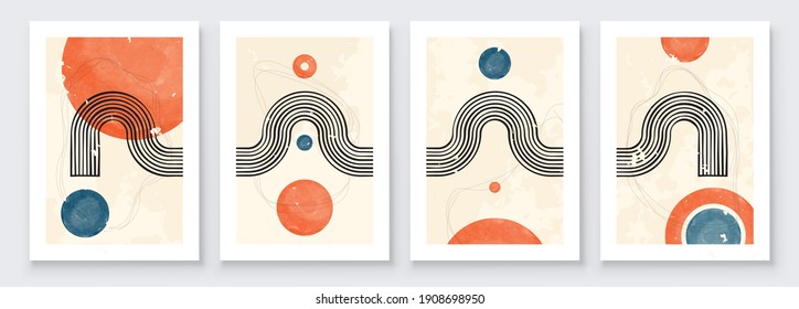 Mid-Century Modern Design. A trendy set of Abstract Hand Painted Illustrations for Postcard, Social Media Banner, Brochure Cover Design or Wall Decoration Background. Vector illustration.