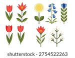 Mid-Century Modern Flat Floral Vector Set: Minimalist Tulip, Bluebell, and Dandelion Icons for Spring Botanical Design