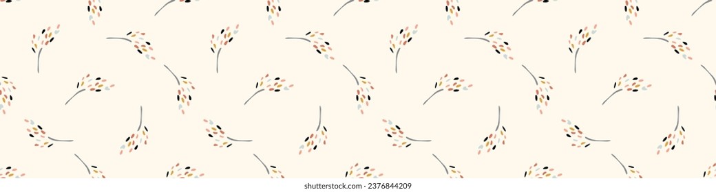 Midcentury modern floral vector endless vector border. Organic summer gender neutral 70s matisse banner. 