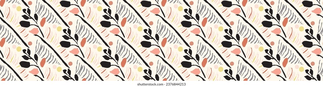 Midcentury modern floral vector endless vector border. Organic summer gender neutral 70s matisse banner. 