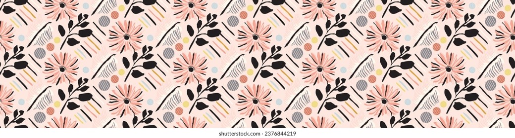 Midcentury modern floral vector endless vector border. Organic summer gender neutral 70s matisse banner. 